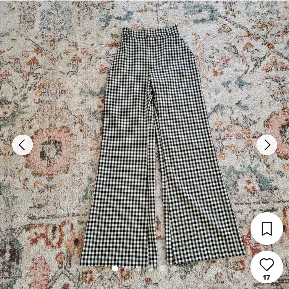 Free People Black White and Green Checkered Wide-Leg Pants